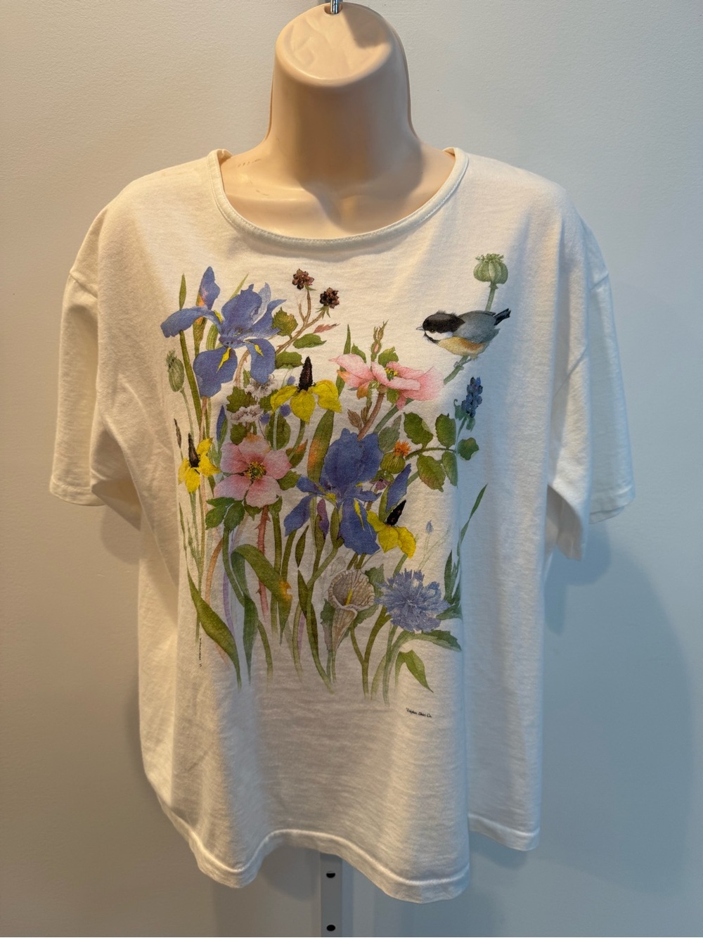 Vintage Oneita Women's Short Sleeve Tee Floral & Bird Print Cotton Size L Y2K